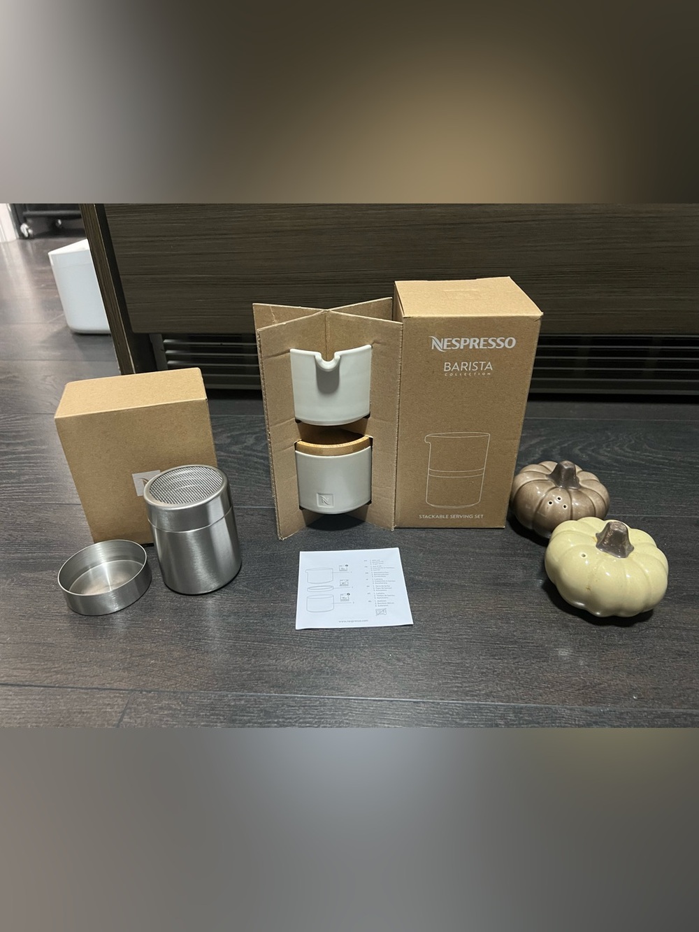 Nespresso Barista Collection Cream Stackable Serving Set with Wooden Accents